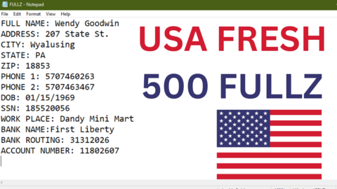 FRESH USA 500 FULLZ - SSN - DOB - BANK ACCOUNTS