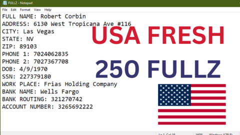 FRESH USA 250 FULLZ - SSN - DOB - BANK - ROUTING NUMBER - ACCOUNT NUMBER