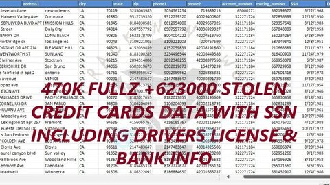 470K FULLZ + 623000 STOLEN CREDIT CARDS DATA WITH SSN INCLUDING DRIVERS LICENSE & BANK INFO